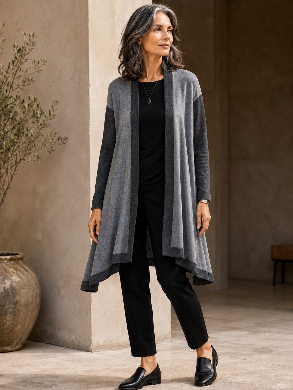 Eileen Fisher Long Swing Cardigan L Gray Two Tone Open Front Lagenlook Stretch